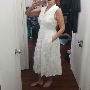 DKNY white cotton waist tie midi poplin shirt dress 14 NWT